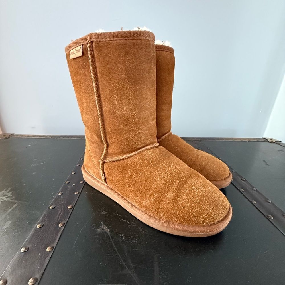Minnetonka Olympia Brown Leather Sheepskin Mid-Calf Winter Boots Womens Size 8